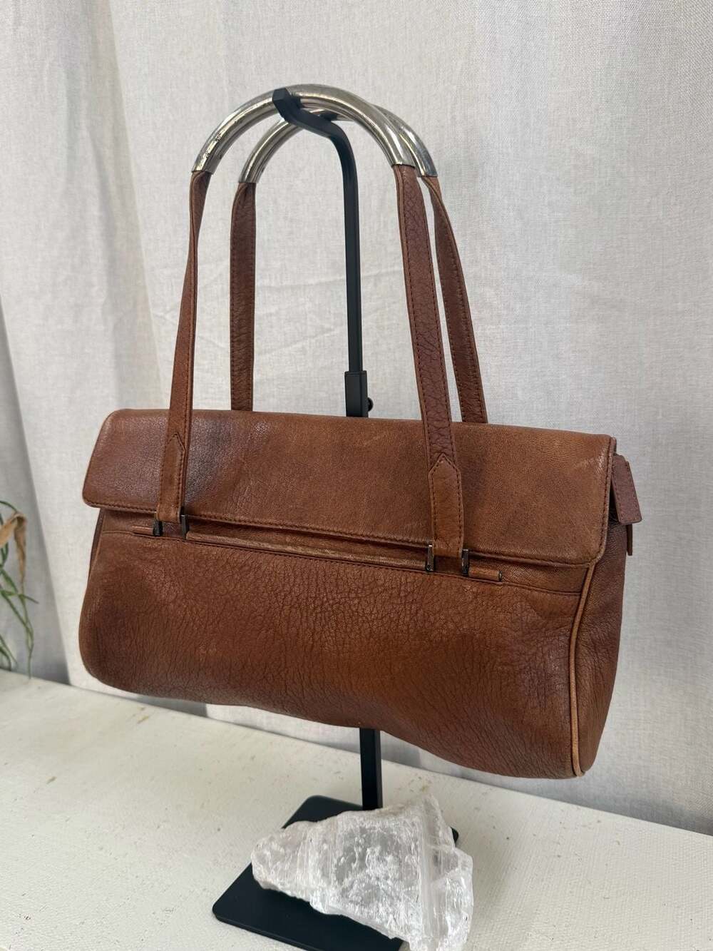 Vintage Dries Van Noten Brown Leather Bag with Metal Handles